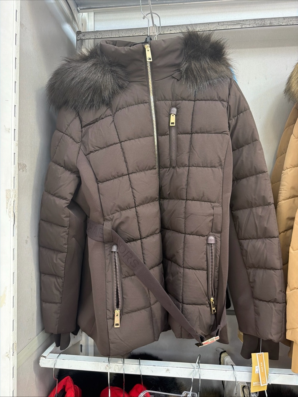 Michael Kors Dark Brown Quilted Belted Puffer Coat with Fur Hood - Picture 2 of 2
